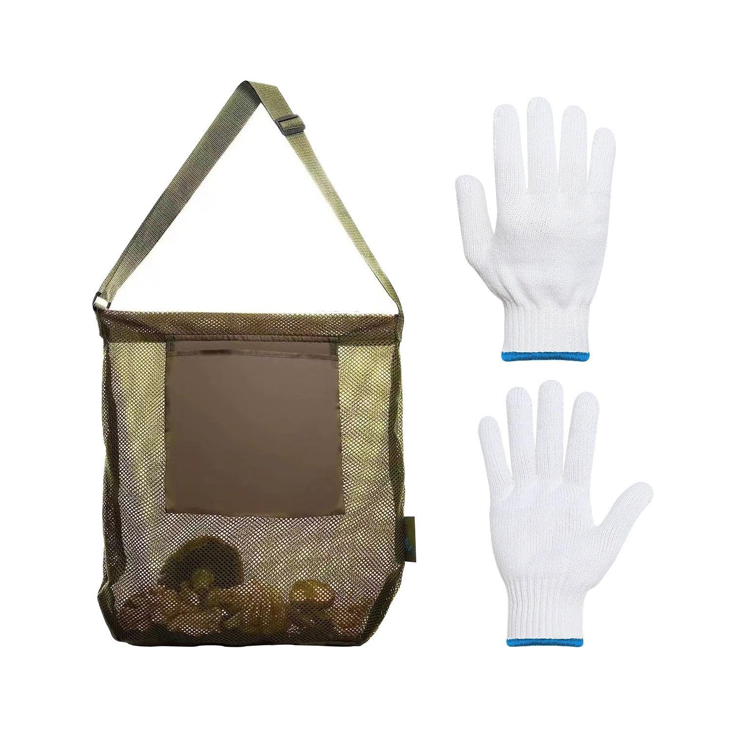 1 Piece Mushroom Collecting Bag With 1 Pair Of Cotton Gloves, Fruit Picking Bag, Foldable Large Capacity Mesh Bag, Outdoor Satchel Bag, Adjustable Shoulder Strap Bag