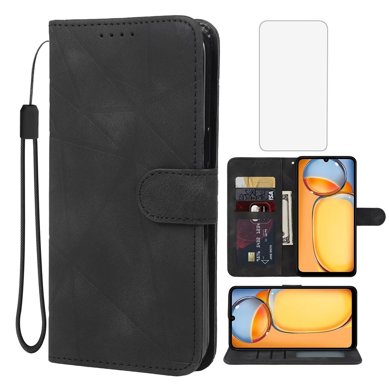 Wanyuexes Case for Redmi 13C 4G/5G & Poco C65/M6 5G, Leather Flip Wallet Case with Tempered Glass Screen Protector, Kickstand, Card Holder, Black — image 1