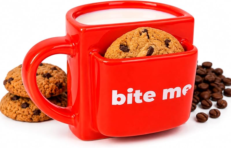 – Taza original para regalar “Bite me”. Taza de té roja con bolsillo para galletas. Mug para desayuno divertido. Copa de desayuno moderna. 316 ml de capacidad