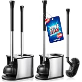 HAMITOR Toilet Plunger and Brush Set with Curved Bristles - 2Pack | Stainless Steel, 2 in 1 Toilet Bowl Brush with Holder, Deep-Cleaning, Heavy Duty Unclogger for Household &amp; Hotel