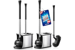 HAMITOR Toilet Plunger and Brush Set: 2 in 1 Stainless Steel Bowl Brush with Holder, Deep-Cleaning Curved Bristles and Heavy Duty Unclogger, Compact Design for Household & Hotel, Silver, 2-Pack