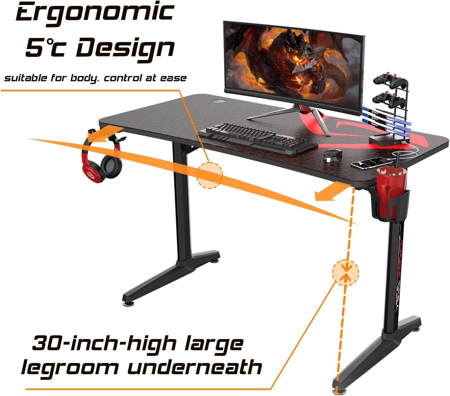DESIGNA 47 inch Gaming Desk Racing Style, Computer Desk with Free Mouse pad, T-Shaped Professional Writing Table Workstation with USB Handle Rack, Cup Holder & Headphone Hook, Black: Kitchen & Dining