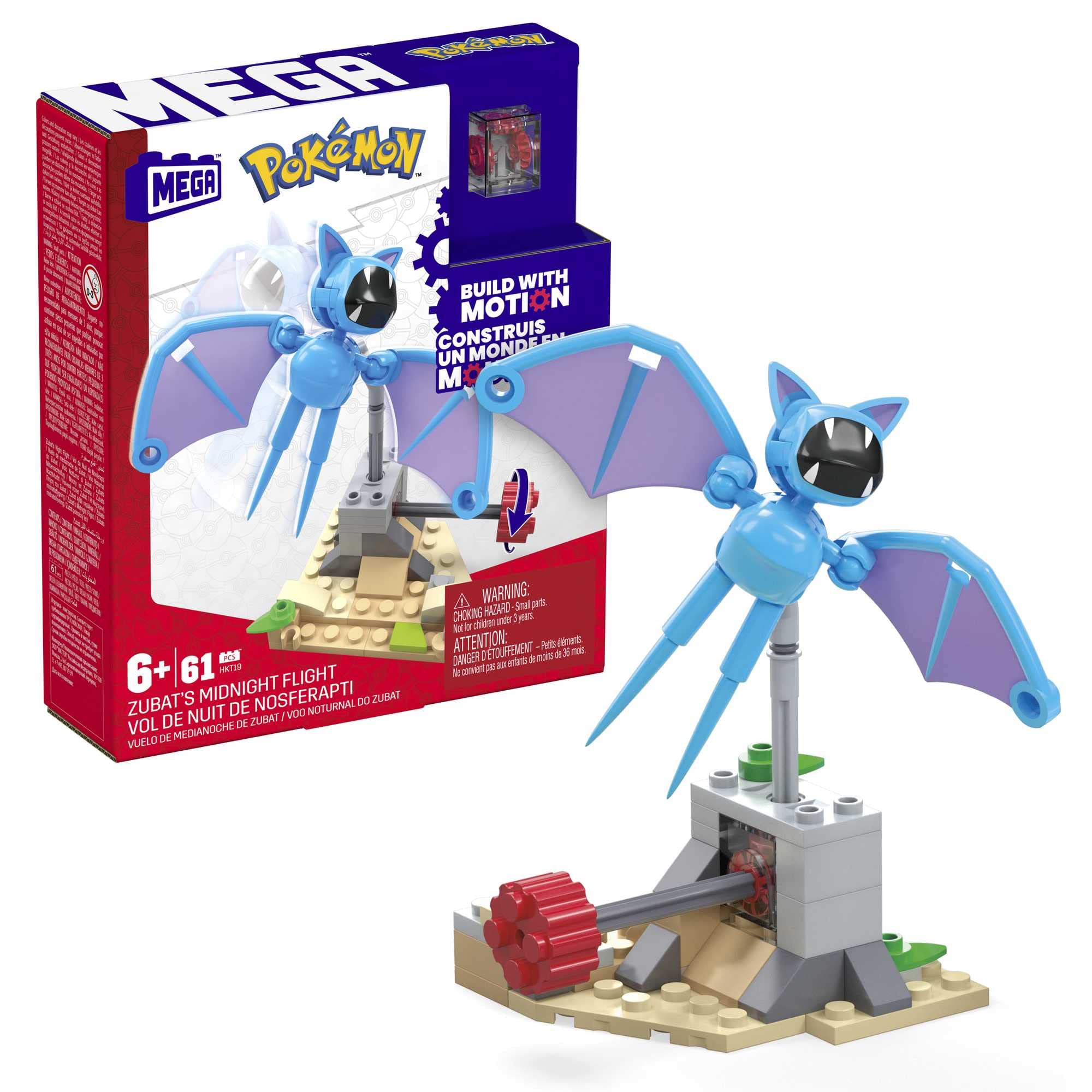 MEGA Pokémon Action Figure Building Toys, Zubat's Midnight Flight with 61 Pieces and Flying Motion, 1 Poseable Character, Gift Idea for Kids, HKT19
