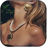 Doubnine Vintage Sun Pendant Jewelry Set, Gold Tone Twisted Rope Necklace with Matching Sunburst Earrings Jewelry Set