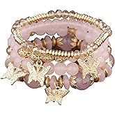 4Pcs Set Bohemian Butterfly Crystal Stone Stretch Pendant Bracelets for Women Gold Beaded Stackable Stretch Bracelet Colorful Charm Jewelry Boho Summer Beach-Pink 1