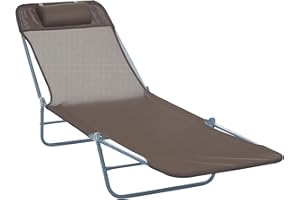 Outsunny Folding Chaise Lounge Chair, Pool Sun Tanning Chair, Outdoor Lounge Chair with Reclining Back, Breathable Mesh Seat, Headrest for Beach, Yard, Patio, Brown