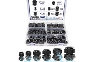 maierke 60PCS Cord Grip Cable Glands Kit,Cable Gland Waterproof Adjustable NPT 1/4” 3/8” 1/2” 3/4” 1” Nylon Strain Relief Cord Connectors Black With Gaskets