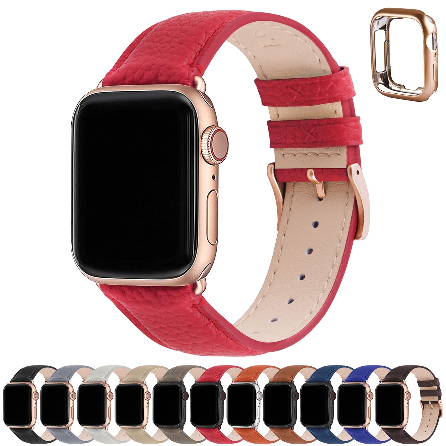 Photo 1 of Fullmosa Leather Bands Compatible Apple Watch Band 41mm 40mm 38mm, Dressy Chic iWatch Strap with Case for iWatch Series 9 8 7 6 5 4 3 2 1 SE for Women,Red+Rose Gold