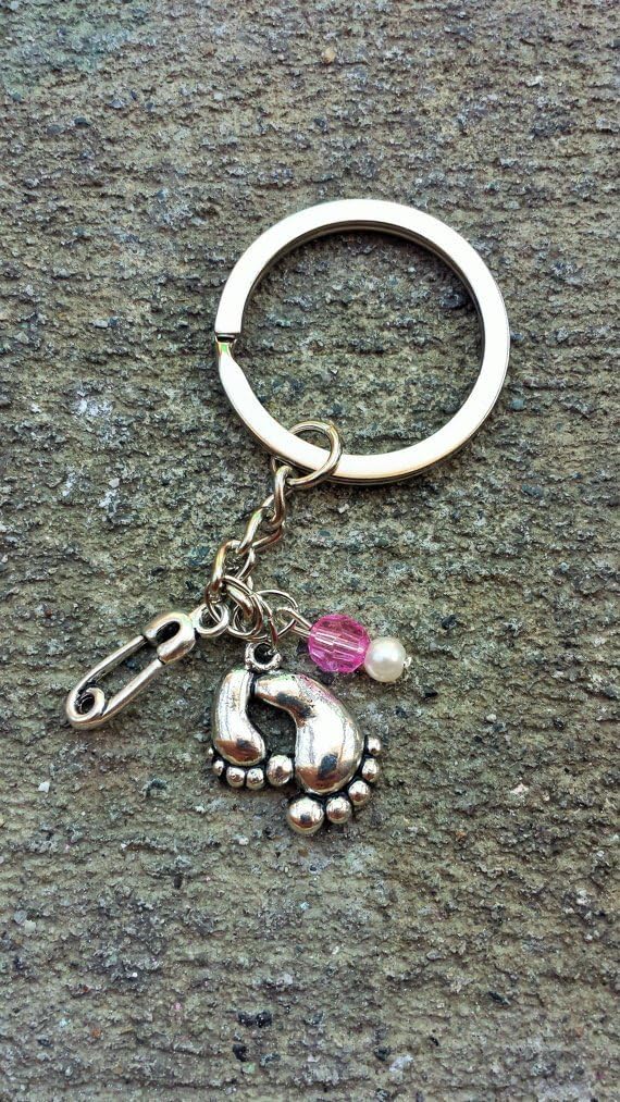 Baby Girl Footprint and Safety Pin Key Chain // Purse Lanyard Backpack Accessory Baby Shower // Pink Silver