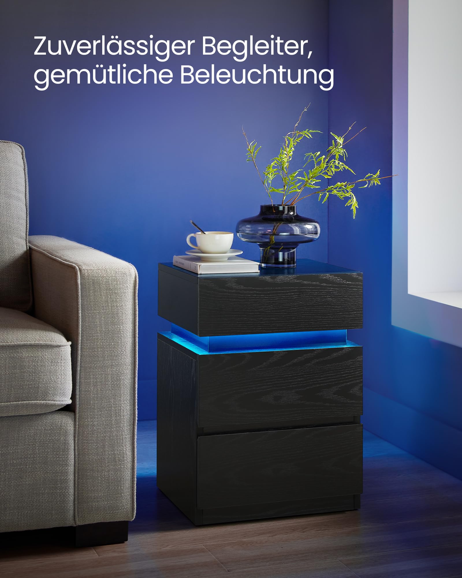 VASAGLE Kailyn Kollektion - Nachttisch, Beistelltisch mit Steckdosen, Schiebedeckel, 3 Schubladen, LED-Beleuchtung, Kleiner Tisch, modern, 40 x 35 x 55 cm, Schwarz mit Holzmaserung LET630T56 8
