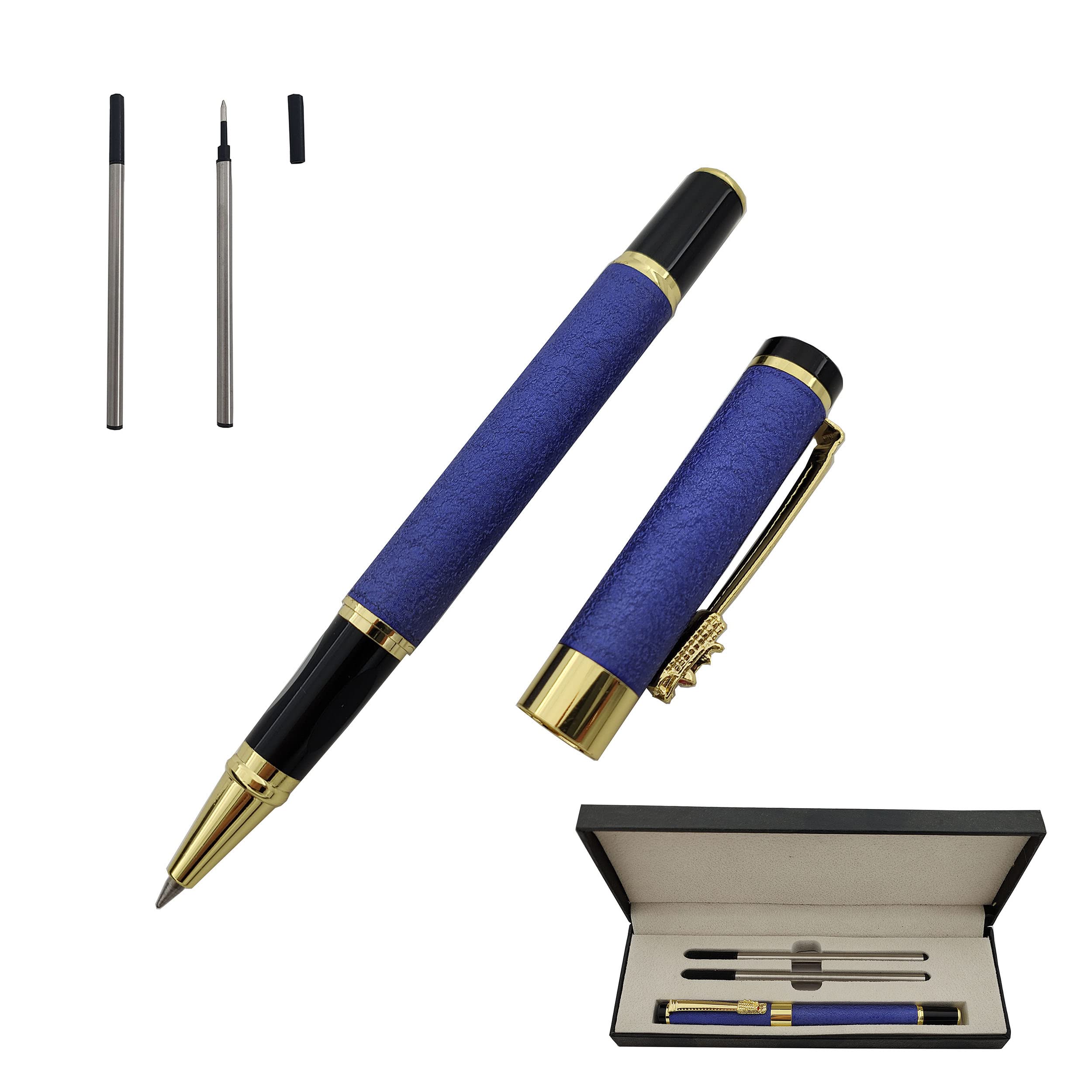 Accod Fine Nib Rollerball Pen High-end Business Signature Pen Metal Pen Clip Black Ink with Two 0.5mm Replacement Refills Gift Premium Gift Box (Blue)