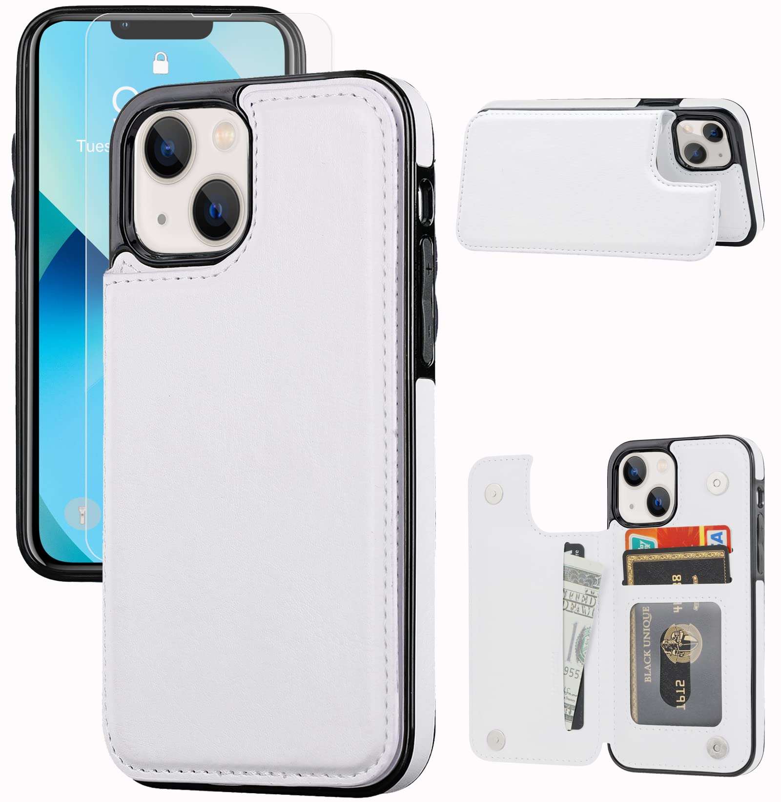 Photo 1 of JOYAKI Wallet Case Compatible with iPhone 13,Slim Protective case with Card Holder,PU Leather Kickstand Card Slots Case with a Free Screen Protective Glass for iPhone 13(6.1")-White