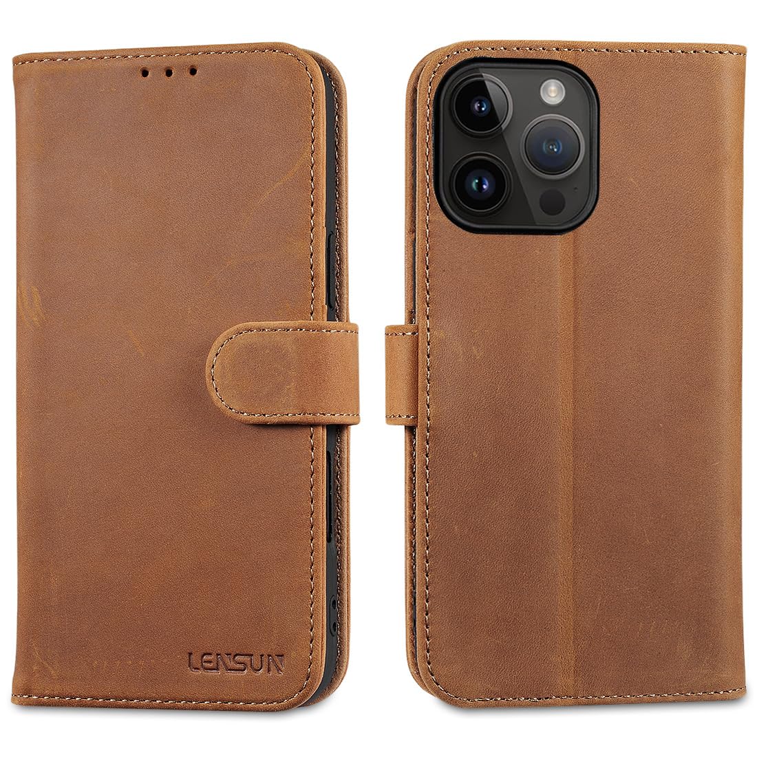 LENSUN Genuine Leather Case for iPhone 16 Pro Max, Mobile Phone Case [Genuine Leather] [Magnetic Closure] [RFID] Mobile Phone Flip Leather Case for iPhone 16 Pro Max 5G - Vintage Brown