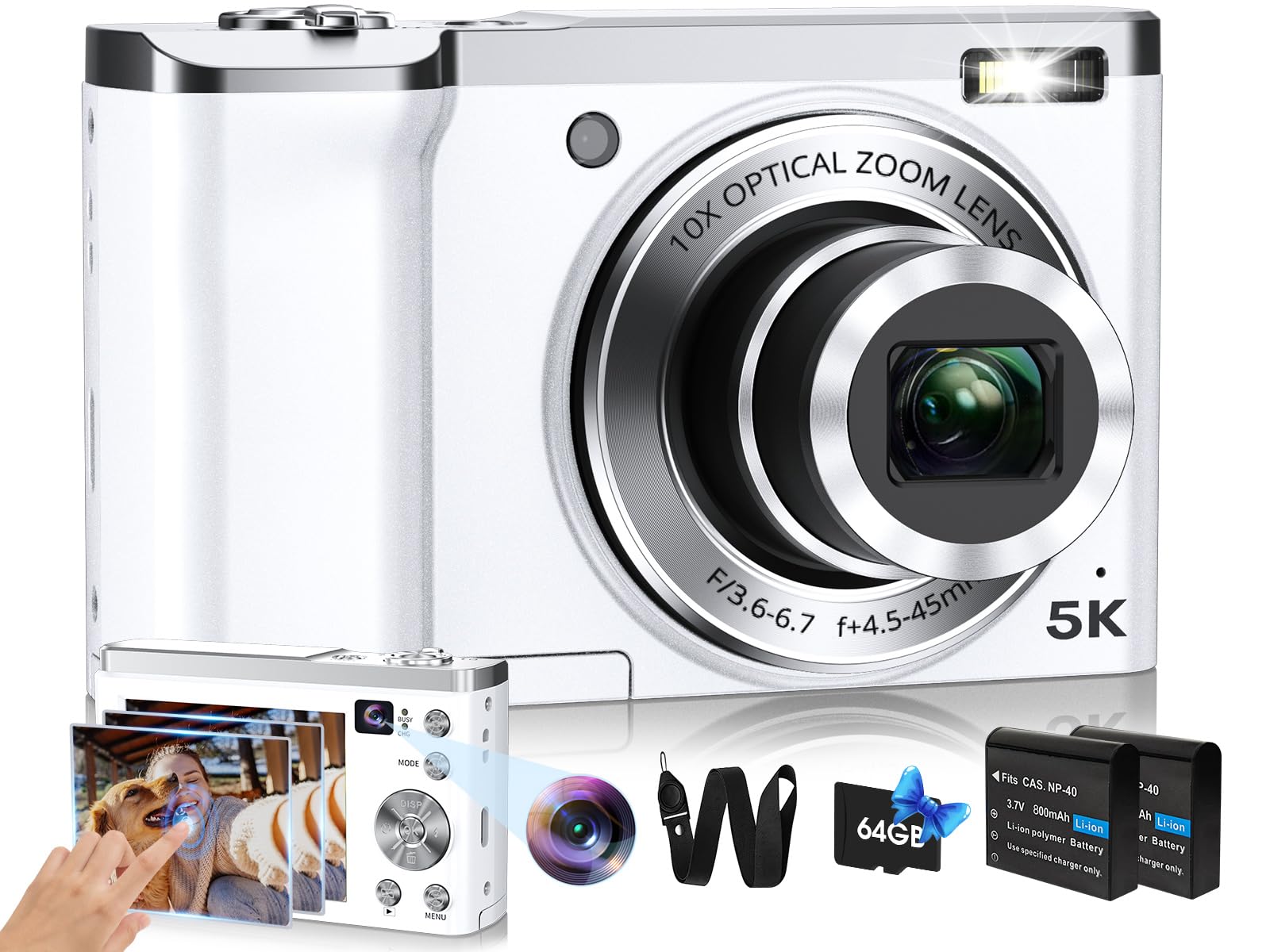 Photo 1 of 5K Digital Camera 2024 Upgraded 56MP Cameras for Photography with Front and Rear Lens,Touch Screen&10X Optical Zoom,6-Axis Anti-Shake,Autofocus Vlogging Compact Camera with 64GB SD Card,2 Batteries