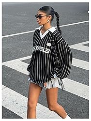 SOLY HUX Women's Oversized Tees Striped Letter