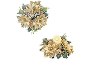 mdgfge Christmas Candle Rings Wreath Holder Artificial Gold Flower Pine Candle Rings with Holly Leaves for Xmas Party Holiday