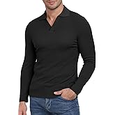 YTD Men's Muscle V Neck Polo Shirts Slim Fit Long Sleeve Golf T-Shirts Ribbed Knit Soft Casual Tees