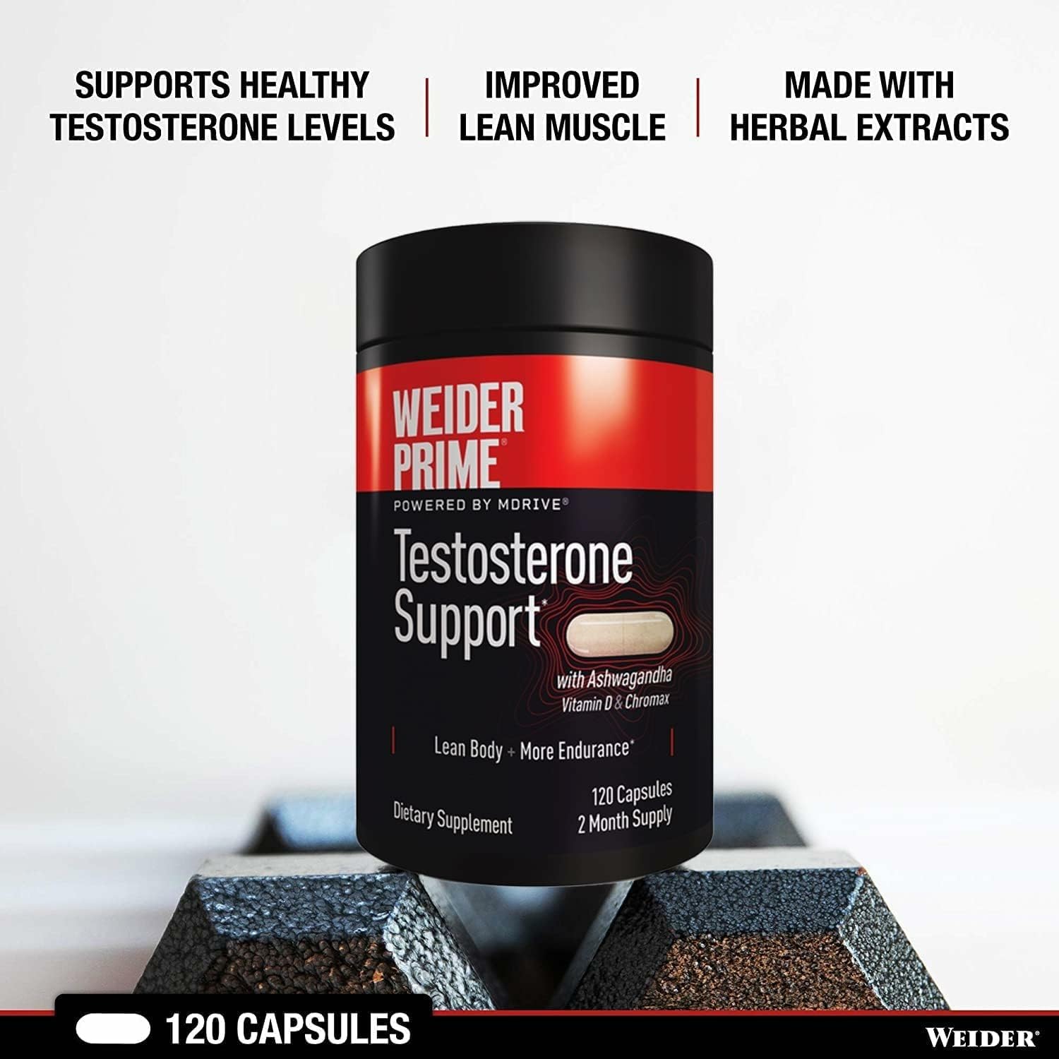 Weider Prime Testosterone Support - Men's Nutrition - Enriched with Vitamins & Minerals - with Ashwagandha, Chromax Chromium, Bioperine & Zinc - Gluten Free - 120 Capsules