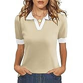 LOMON Womens Puff Short Sleeve Polo Sweater V Neck Knitted Tops Casual Ribbed Shirt Pullover Blouse