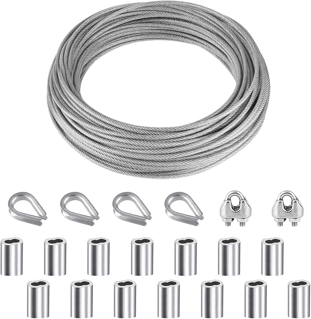 YSDMY 21 Pcs Rope Thimble Kit 10M PVC Coated Stainless Steel Wire Rope Set