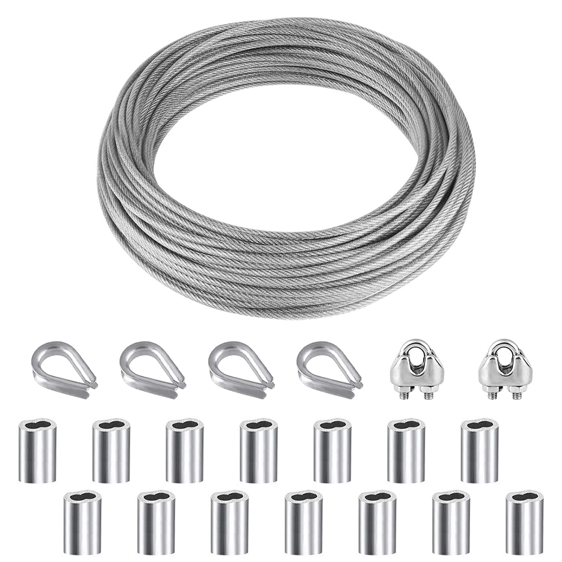 YSDMY 21 Pcs Rope Thimble Kit - 10M Stainless Steel PVC Coated Cable With Aluminum Crimp Sleeve, Thimble, Clamps for Gardening Cord, Railing Decoration, Outdoor String Lamp Light Suspension