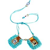 Catholic Scapular Bracelet Handmade Embroidered Aquamarine Stone Wristband of Sacred Heart of Jesus, Holy Virgin of Carmen, St. Michael Archangel. 3cm x 3cm by Zaraleas