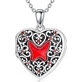 MUUYON Vintage Engraved Flower Photo Locket Necklace for Women Sterling Silver Personalized Ruby Butterfly Photo Necklace Gift for Grandma Mom Her