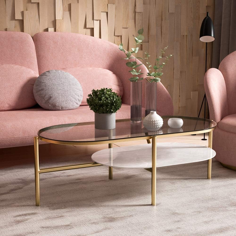 AOSAN Round Oval Glass Top Coffee Table, White Sofa Side Table, Modern Double Layers Cafe Table for Living Room, 51” Length & 17” Height
