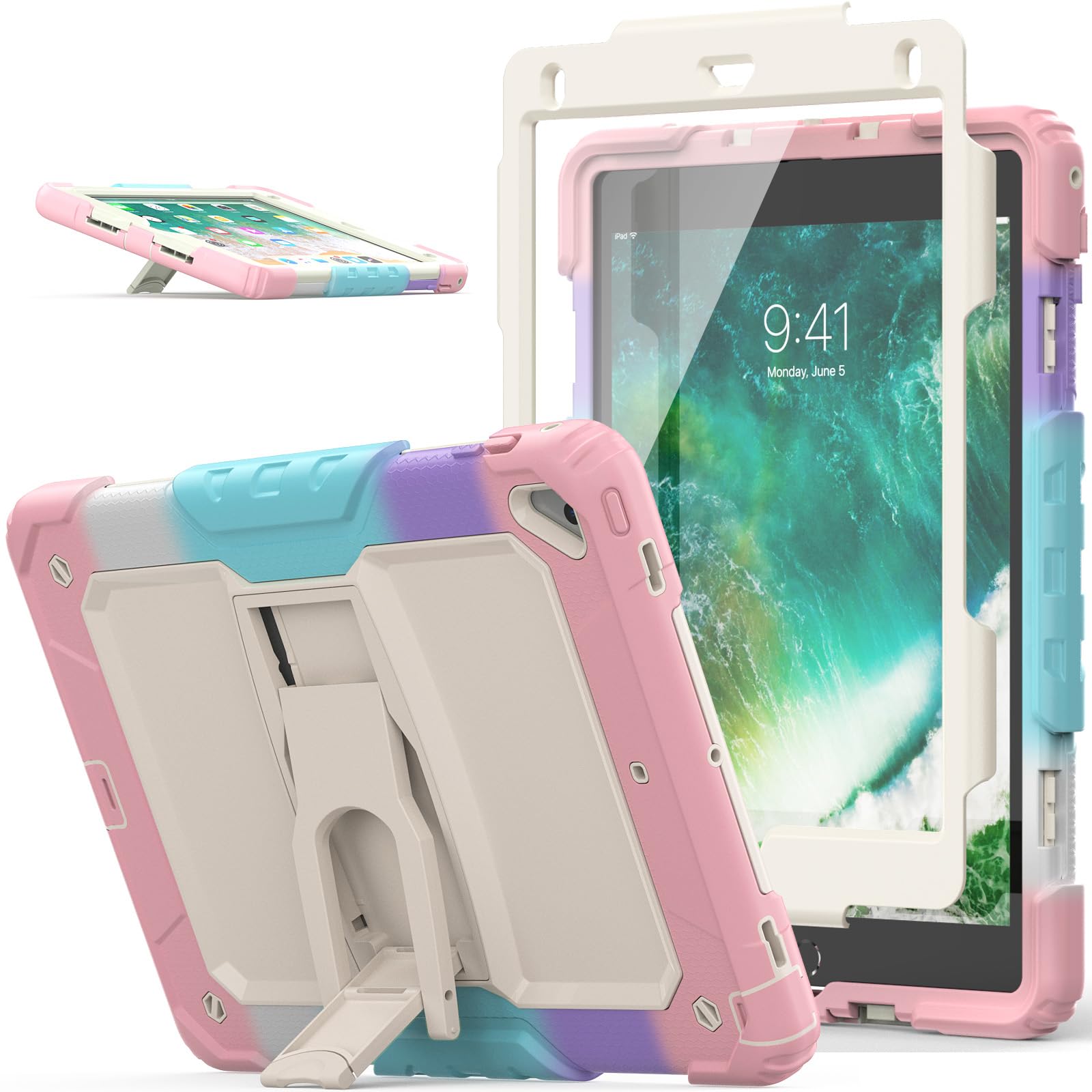 SEYMAC stock Case for iPad 6th/5th Generation/Air 2/ Pro 9.7 Inch, 3-Layer Full Body Shockproof Cover with Screen Protector & Folding Stand for iPad 9.7 Inch Case, Pink