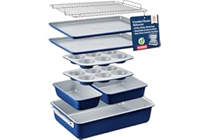 BAKKENMASTER Bakken 8-Piece Stackable Bakeware Set - Ceramic Non-Stick Coating, Baking Sheets, Assorted Baking Pans, PTFE, PFOA & PFOS Free - Healthy Baking, Ergonomic Handles, Cooling Rack, Non-Toxic, Oven-Safe