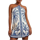 MakeMeChic Women's Tropical Print Halter Neck Dress Summer Tie Backless Spaghetti Strap Boho Short Dresses