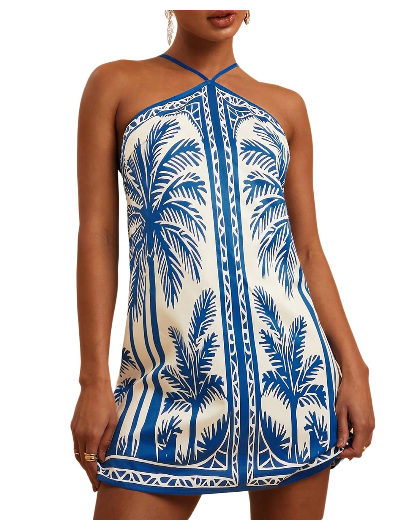 Photo 1 of MakeMeChic Women's Backless Dress Tropical Vacation Outfits Halter Cami Summer Boho Beach Mini Dresses Blue and White Large