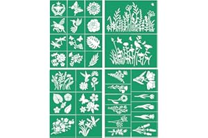 JAJADO Wild Flower Stencils 4pcs, Self Adhesive Silk Screen Stencils Rose Flower Animal Plant Spring DIY Stencils for Painting on Wood, T-Shirt, Chalkboard, Wall, Canvas, Home Decor