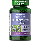 Puritan's Pride Premium Bilberry Fruit Extract 250 mg (1000mg Equivalent), 4:1 Concentrated Herbal Supplement, Vitamin C, 3 to 6 Month Supply, 180 Rapid Release Softgels(Packaging May Vary)