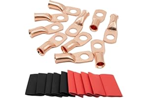 MEYOOZIISU 10PCS 6 AWG-5/16 Wire Lugs - 6 Gauge Battery Cable Lugs, Copper Terminal Connectors, Ring Terminals, Marine Grade - with 10pcs 3:1 Heat Shrink Tubing