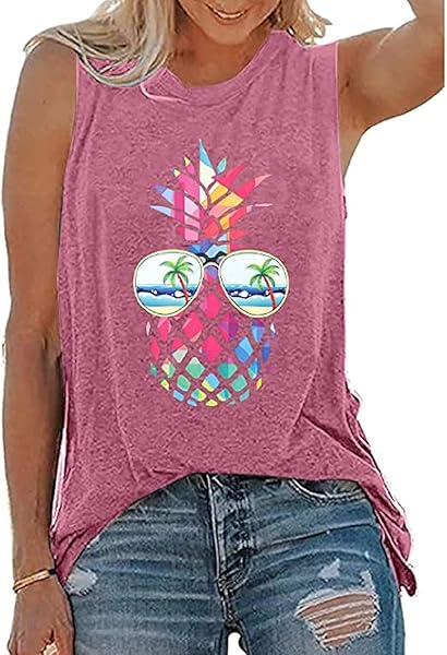 ASTANFY WOMEN PINEAPPLE SUNGLASSES BEACH TANK TOPS FUNNY GRAPHIC VEST CASUAL SUMMER SLEEVELESS TEE SHIRTS (PINK, MEDIUM)