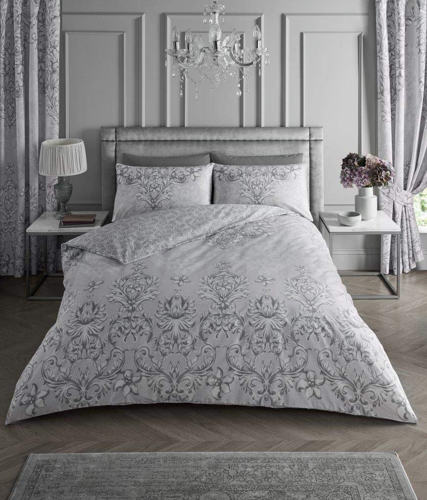 Luxurious Antoninette Bed Set with Duvet Cover and Pillow Cases, Polyester-Cotton, [ Double - Grey ]
