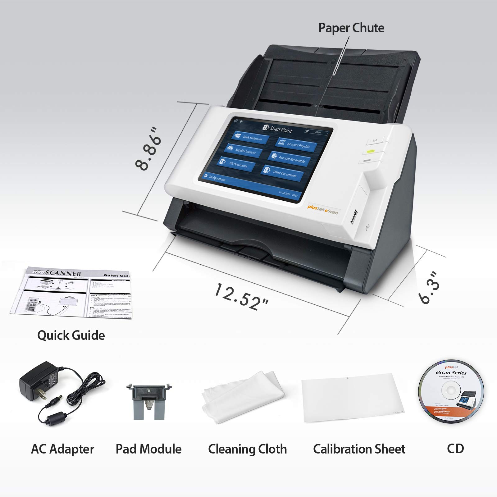 Plustek eScan SharePoint - Network Document Scanner Dedicated for Microsoft SharePoint and Office 365 – Standalone (PC-Less), 7” Color Touchscreen – 50-Sheet Automatic Document Feeder