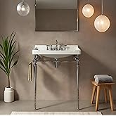 VISRACK 28" Wall-Mounted Bathroom Vanity Sink, White Ceramic Console Basin with 3 Faucet Holes, Freestanding Stainless Steel 