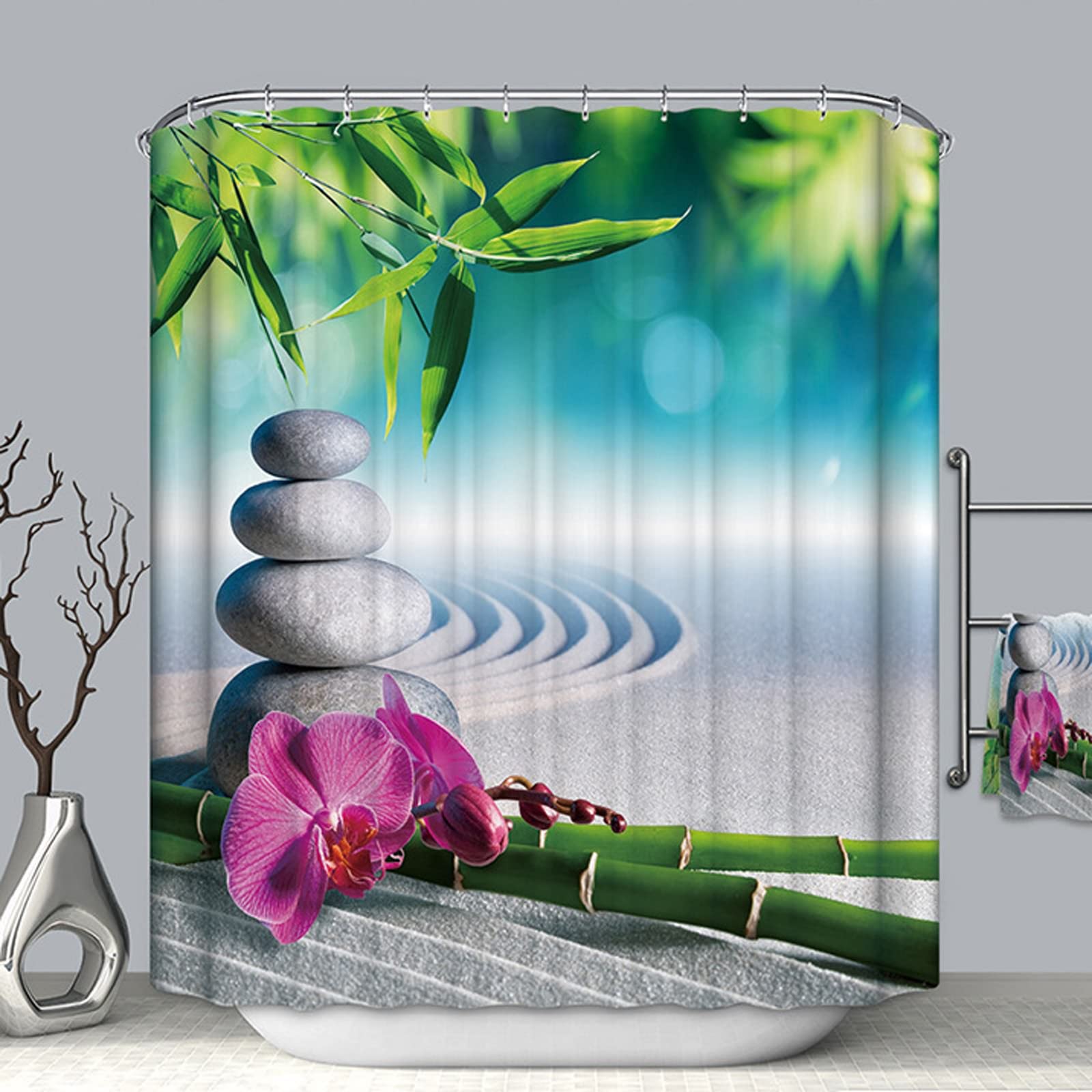 Aeici Shower Curtain Green Zen Floral Shower Curtain for Bathroom Bath Waterproof W90 X H180 cm