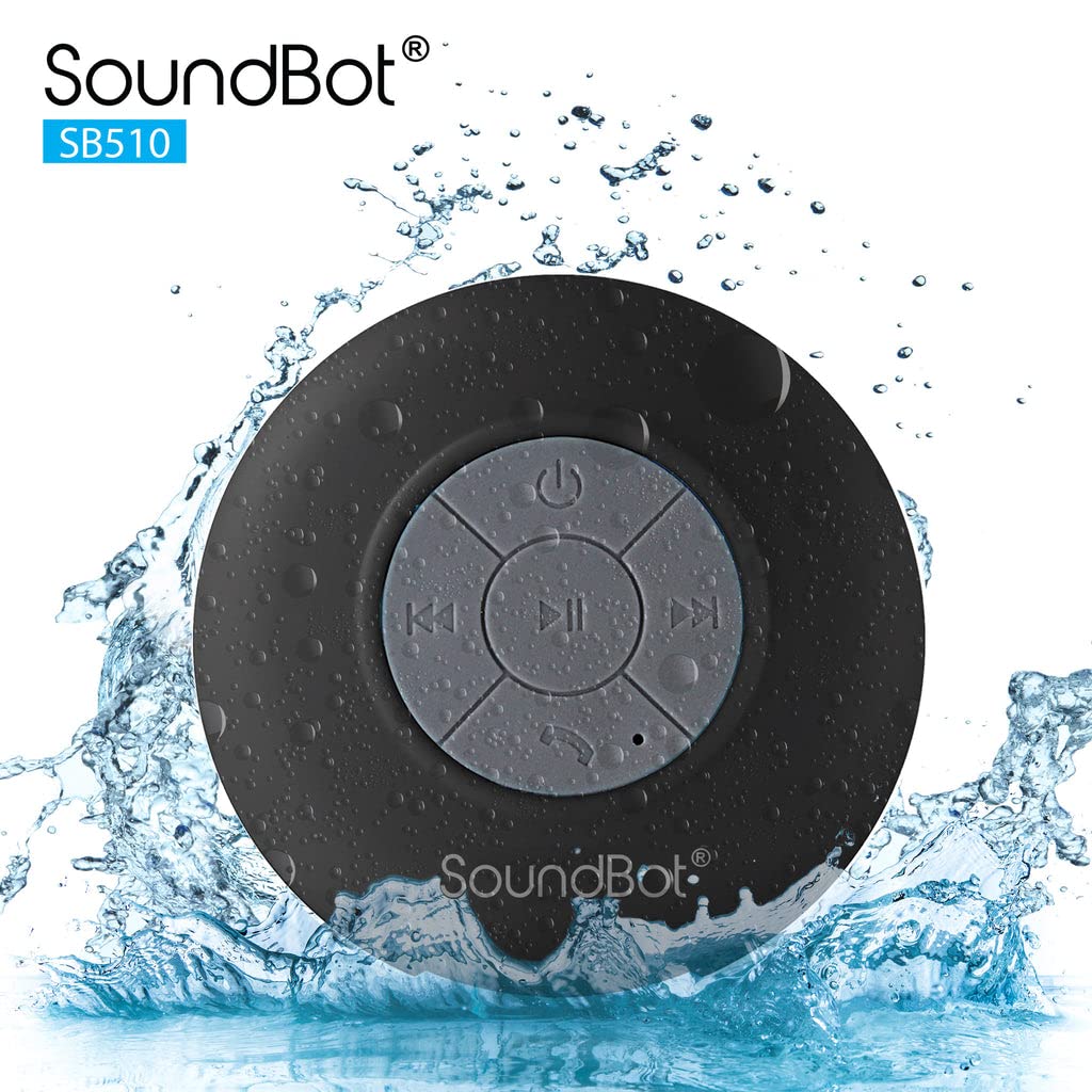 Soundbot SB510 HD Waterproof Bluetooth Shower Wireless Speaker with Speakerphone, Mic, 6-Hour Playtime, Control Buttons & Suction Cup, Powerful Sound Ideal for Bathroom, Travel, or Outdoors (Black)