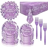 Purple Birthday Decorations Party Tableware Set, Purple and Silver Plates Napkins Forks Party Supplies for Guests Girls Women Party (81Pcs)