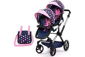 Bayer - Twin Dolls Pram Xeo - Baby Stroller Carriage for Dolls with Bag, Adjustable Handle - Dolls Up to 18” - Age 3+ - Dark 
