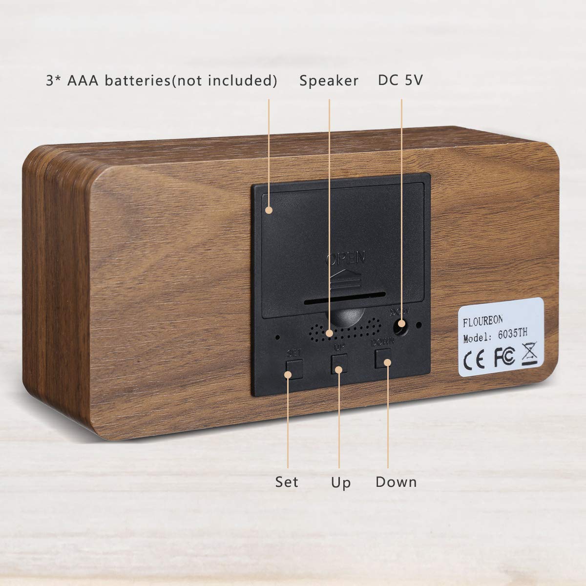 FLOUREON Wooden Alarm Clock LED Desk bedside Digital Clock Calendar/Time/Temperature/Humidity Displaying with 3 Brightness Adjustable and 3 Set of Alarm, Dual Power, Voice Control (Brown)