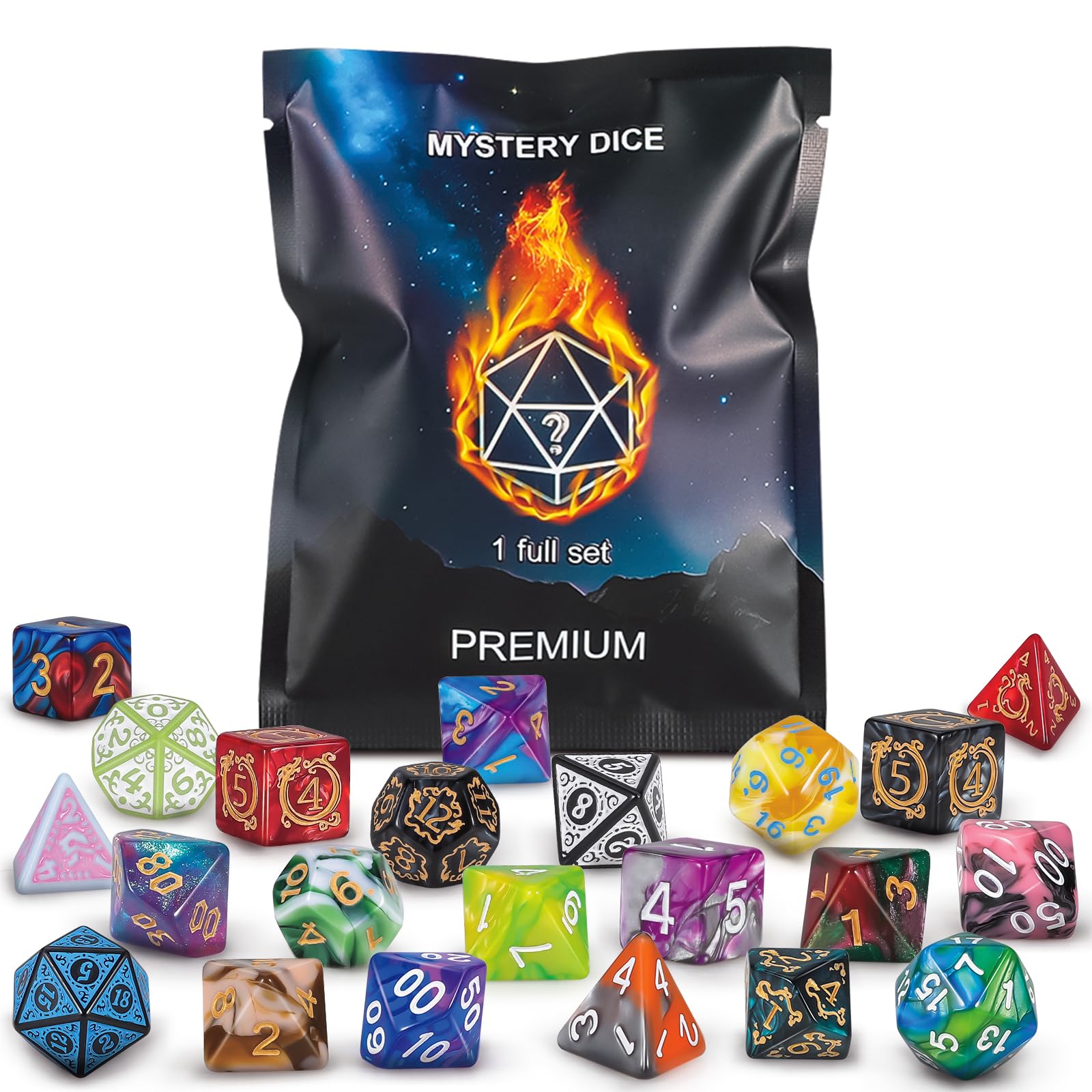 QMAY Mystery Dice, Set of 7 Polyhedral Dice, Random Style, For Dungeon and Dragons MTG Table Games RPG DND D20 D12 D10 D% D8 D6 D4 (7) — image 1
