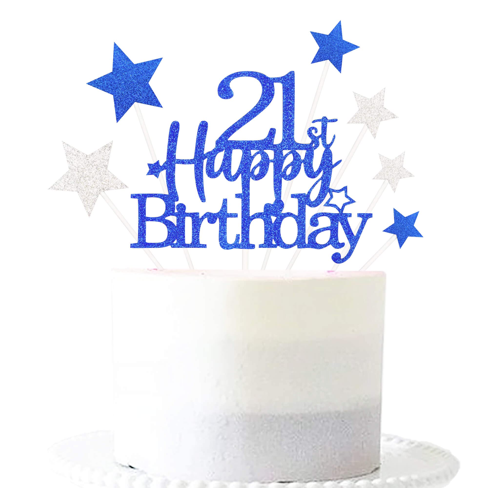 Pargleev Glittery Royal Blue 21st Cake Topper with Star Boys and Girls 21st Birthday Party Supplies, Twenty-one Years Old Birthday Party Decorations