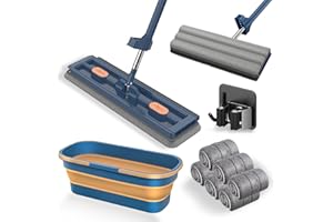 2025 New Saker Plus Large Flat Mop, Saker Plus Mop and Bucket Set, 360 Rotation Flat Mop with Bucket & 6 Microfiber Pads,Wet 