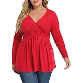 TIANZHU Women's Plus Size V Neck Long Sleeve Tunics Tops Lightweight Blouse Dressy Casual Top Ruched Trendy Clothes