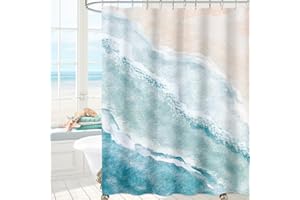 MAYZUS Beach Ocean Themed Shower Curtain, Teal Blue Cute Nautical Coastal Shower Curtains for Bathroom Decor, Summer Tropical Fabric Shower Curtain Set with Hooks, 72x72
