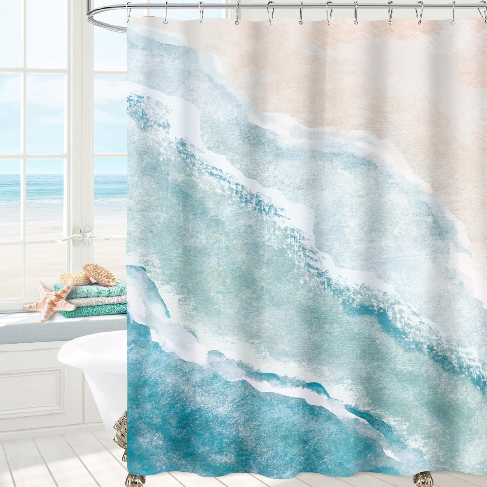Photo 1 of MAYZUS Beach Ocean Themed Shower Curtain, Teal Blue Cute Nautical Coastal Shower Curtains for Bathroom Decor, Summer Tropical Fabric Shower Curtain Set with Hooks, 72x72
